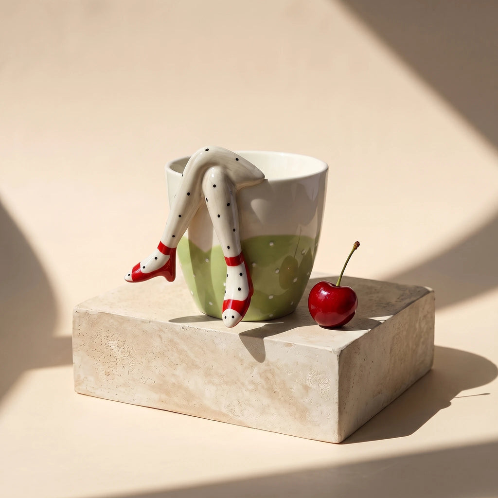 3D Legs Ceramic Mug with Cherry Spoon | Pop Art Sculptural Coffee Cup (9oz)