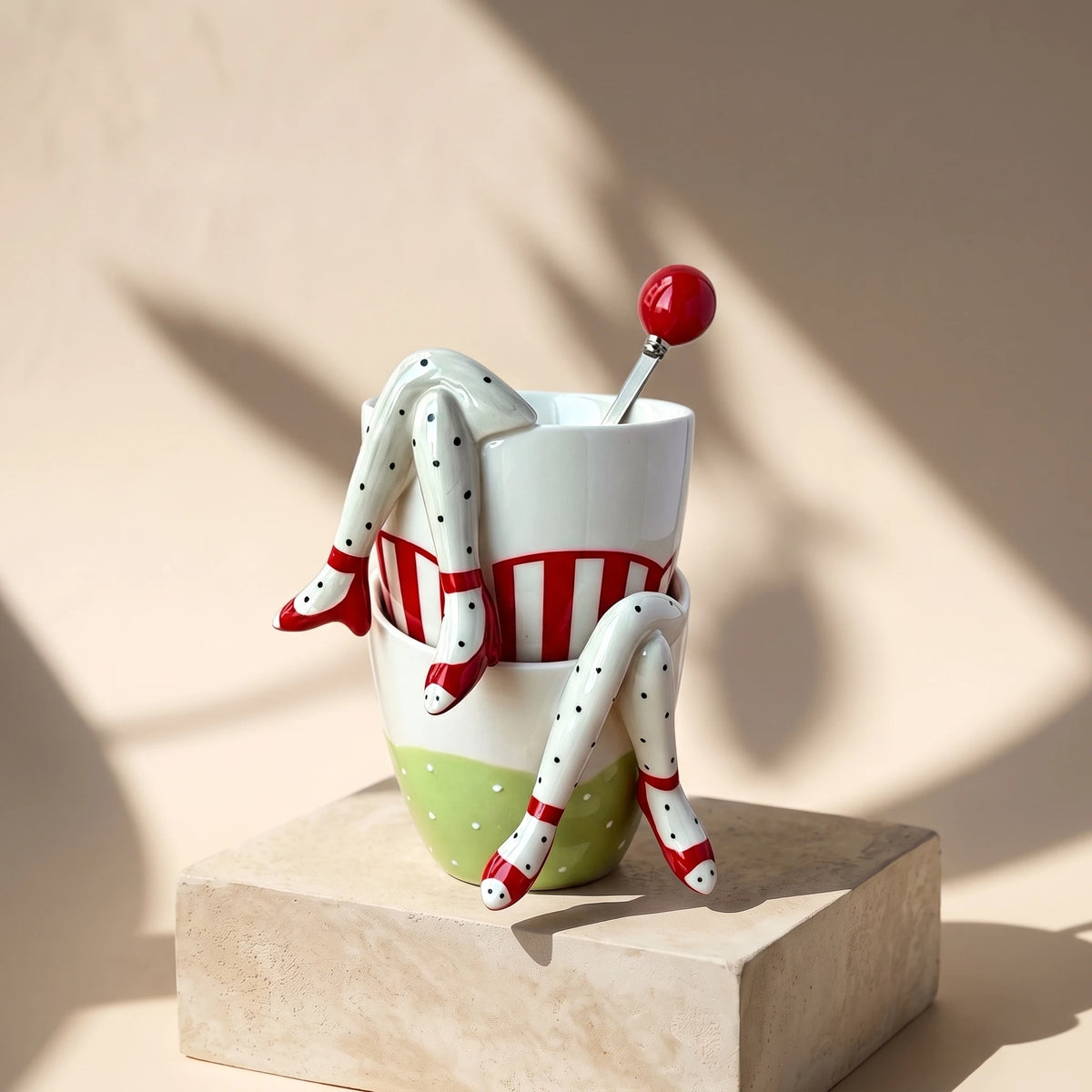 3D Legs Ceramic Mug with Cherry Spoon | Pop Art Sculptural Coffee Cup (9oz)