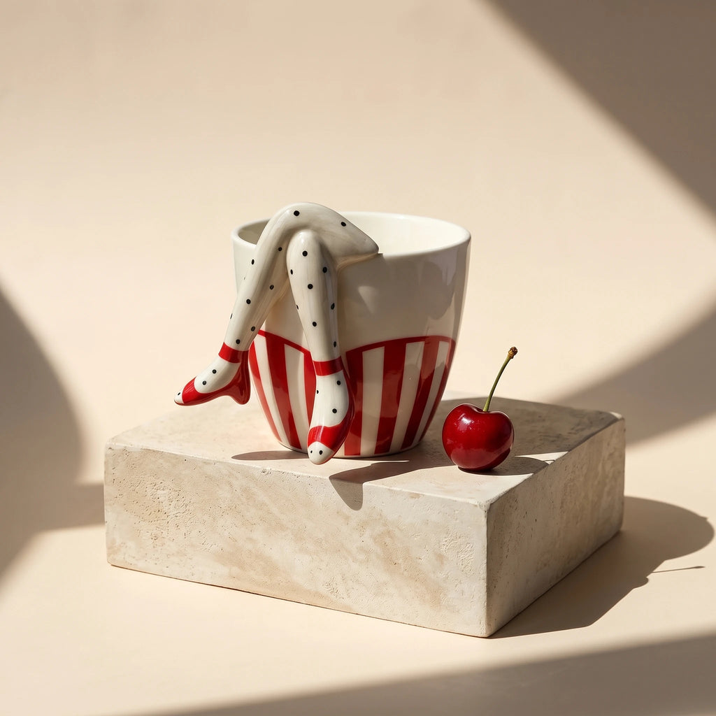 3D Legs Ceramic Mug with Cherry Spoon | Pop Art Sculptural Coffee Cup (9oz)