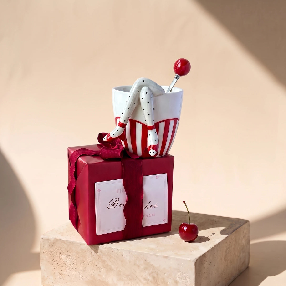 3D Legs Ceramic Mug with Cherry Spoon | Pop Art Sculptural Coffee Cup (9oz)