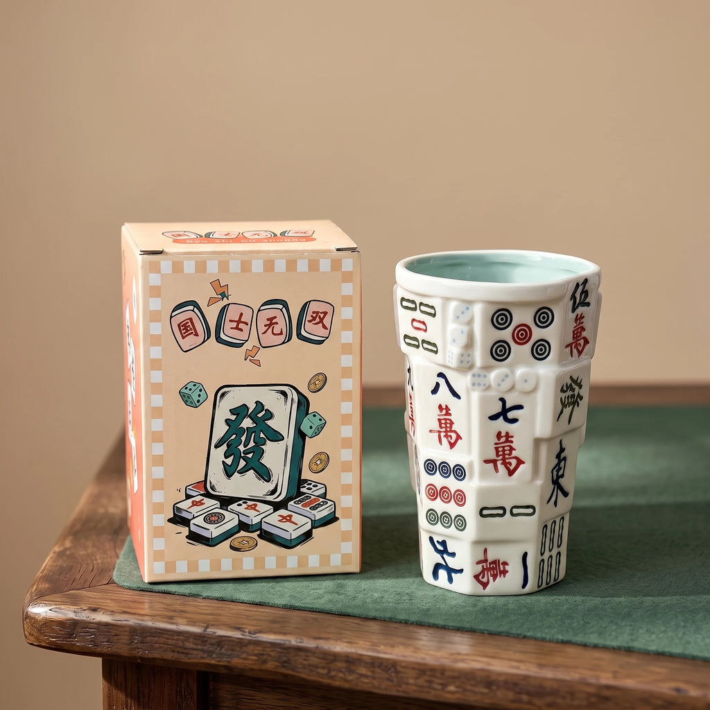 3D Sculpted Mahjong Ceramic Tumbler with Straw | Game Night Gift (14oz)