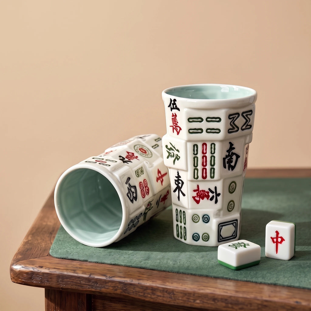 3D Sculpted Mahjong Ceramic Tumbler with Straw | Game Night Gift (14oz)