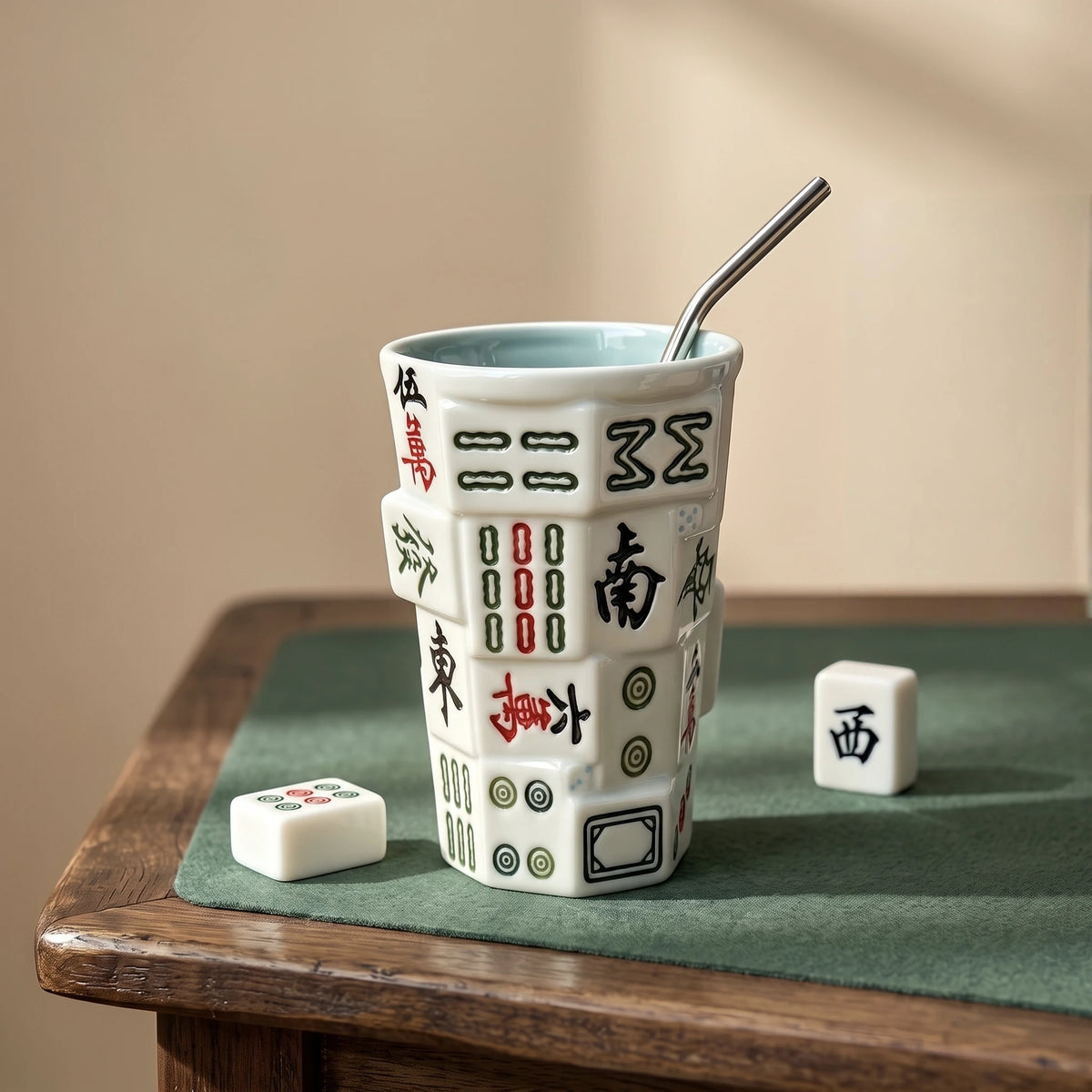 3D Sculpted Mahjong Ceramic Tumbler with Straw | Game Night Gift (14oz)