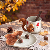 3D Sculpted Squirrel Ceramic Mug & Acorn Saucer Set | 12oz Woodland Cup