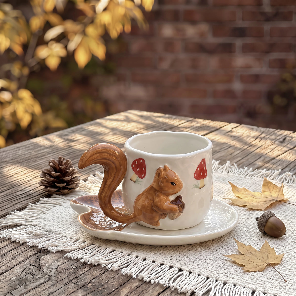 3D Sculpted Squirrel Ceramic Mug & Acorn Saucer Set | 12oz Woodland Cup