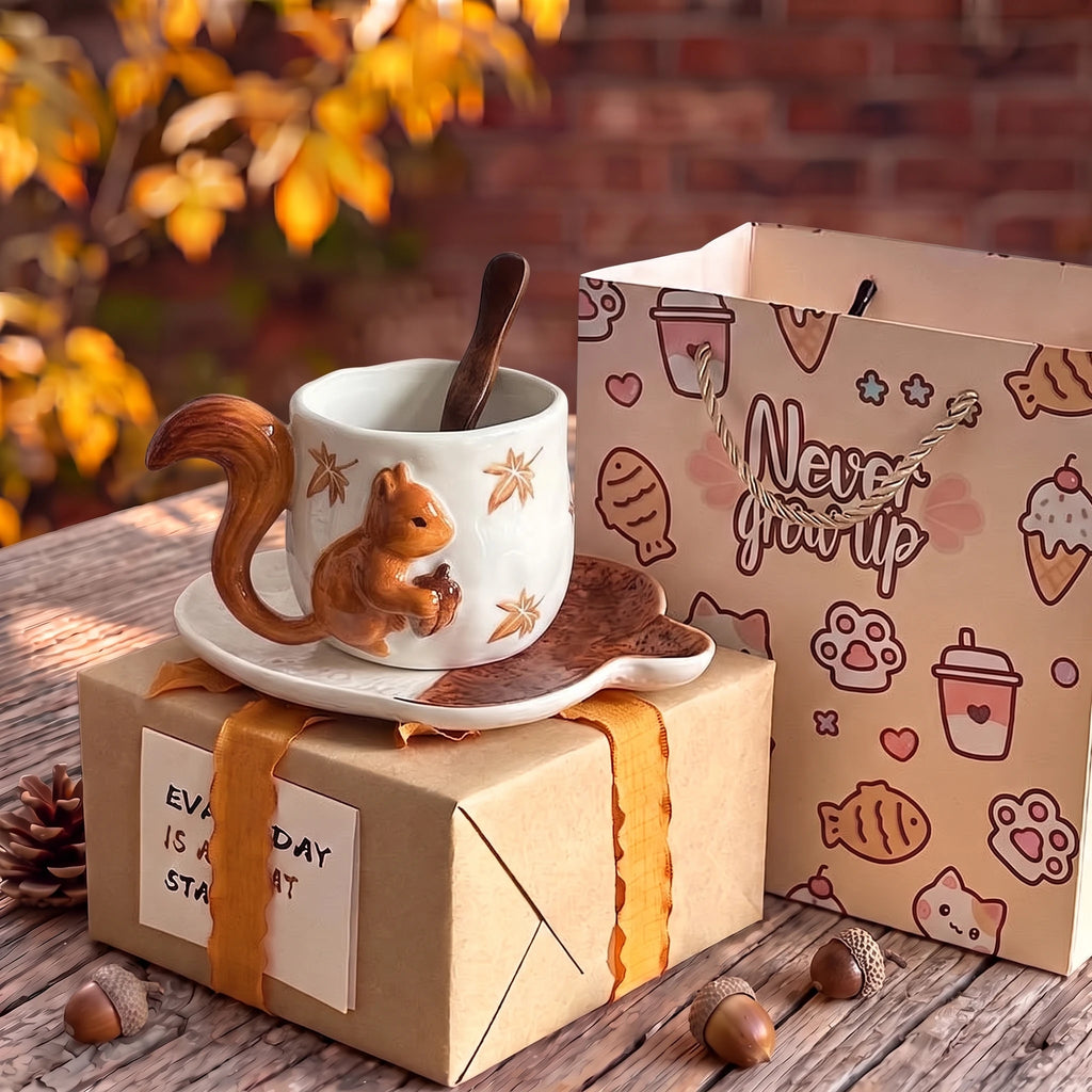 3D Sculpted Squirrel Ceramic Mug & Acorn Saucer Set | 12oz Woodland Cup