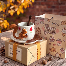 3D Sculpted Squirrel Ceramic Mug & Acorn Saucer Set | 12oz Woodland Cup