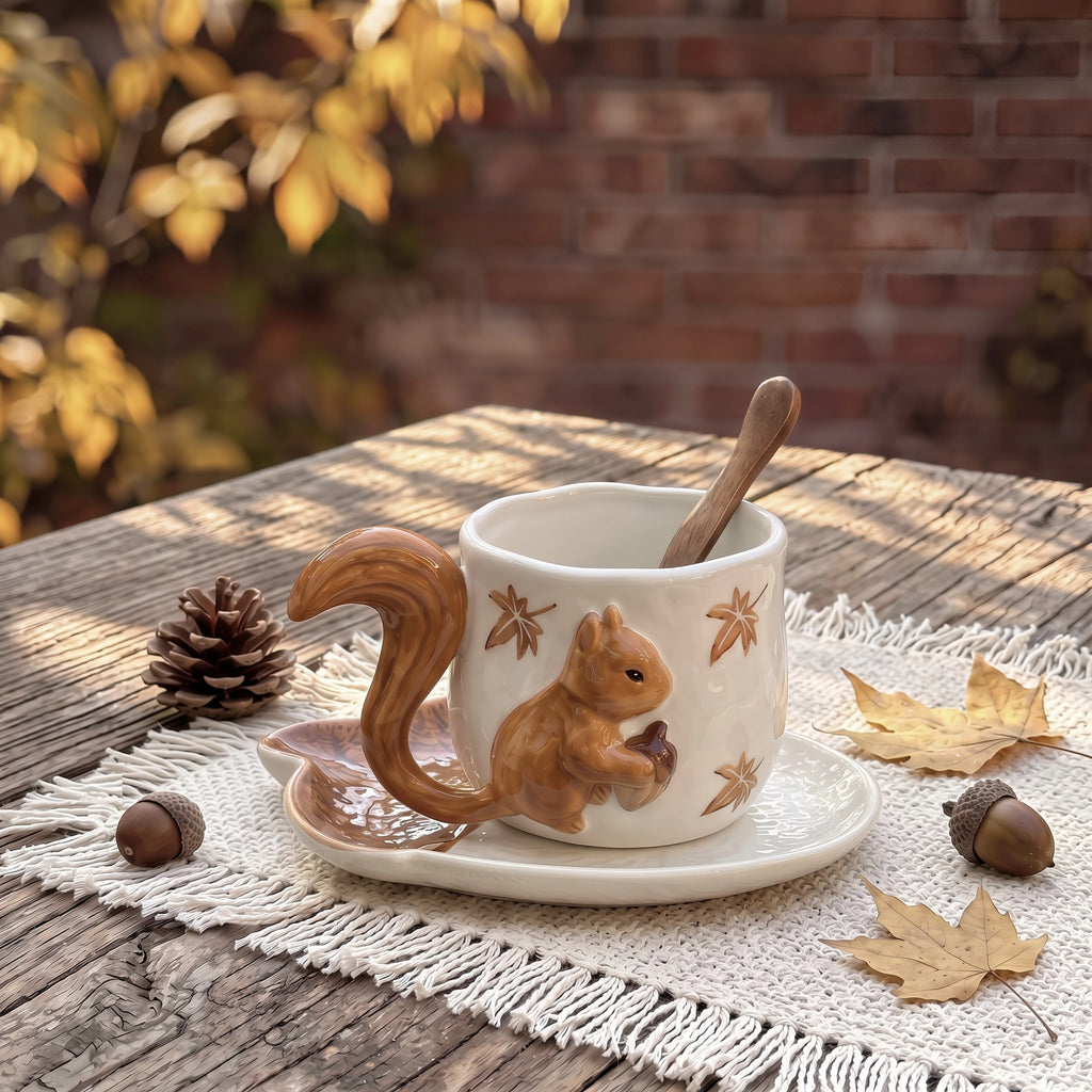 3D Sculpted Squirrel Ceramic Mug & Acorn Saucer Set | 12oz Woodland Cup