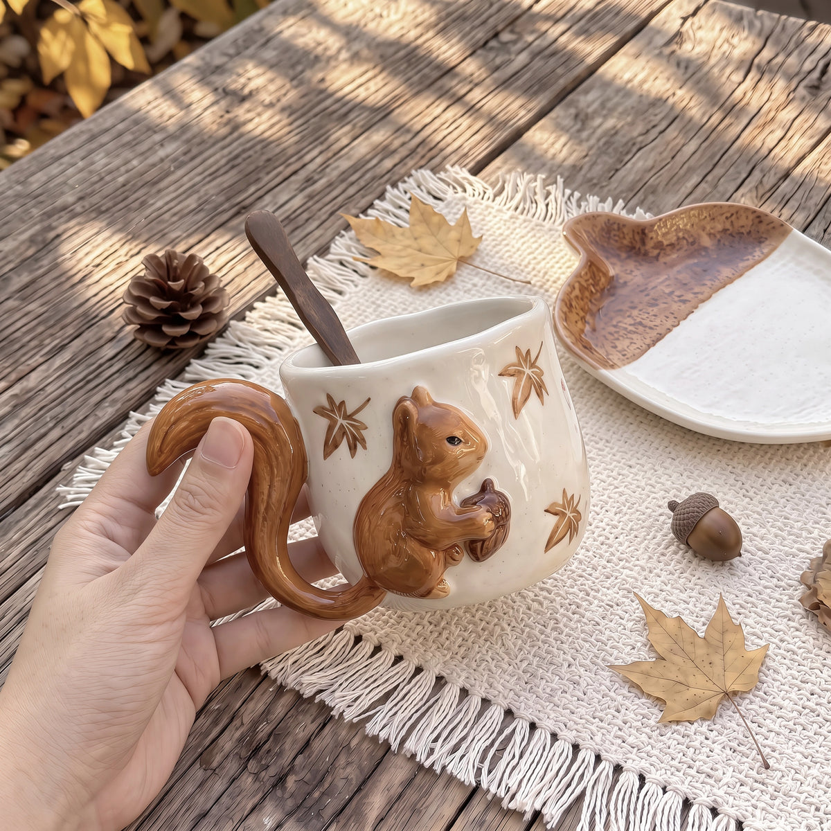 3D Sculpted Squirrel Ceramic Mug & Acorn Saucer Set | 12oz Woodland Cup