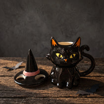 Handcrafted Black Cat Ceramic Mug with Witch Hat Lid | 12oz