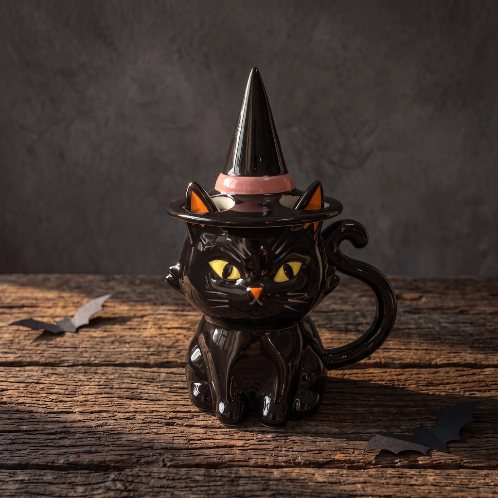 Handcrafted Black Cat Ceramic Mug with Witch Hat Lid | 12oz