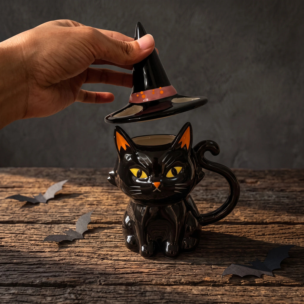 Handcrafted Black Cat Ceramic Mug with Witch Hat Lid | 12oz