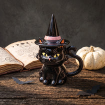 Handcrafted Black Cat Ceramic Mug with Witch Hat Lid | 12oz