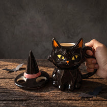 Handcrafted Black Cat Ceramic Mug with Witch Hat Lid | 12oz