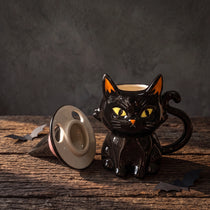 Handcrafted Black Cat Ceramic Mug with Witch Hat Lid | 12oz