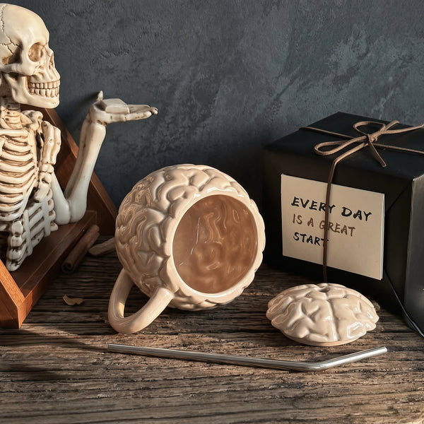 Anatomical Brain Ceramic Mug with Lid & Stainless Straw | 15oz