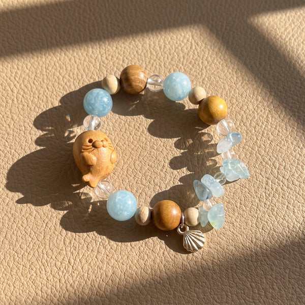 Carved Sandalwood Seal Beaded Bracelet | Ocean Gemstone Beach Jewelry
