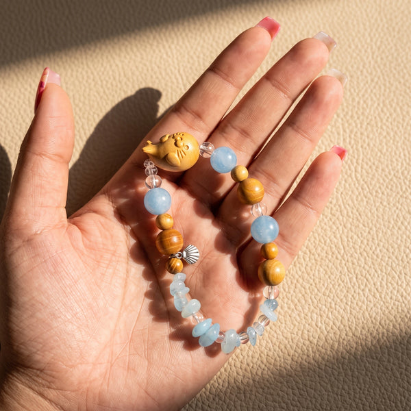 Carved Sandalwood Seal Beaded Bracelet | Ocean Gemstone Beach Jewelry