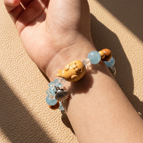 Carved Sandalwood Seal Beaded Bracelet | Ocean Gemstone Beach Jewelry