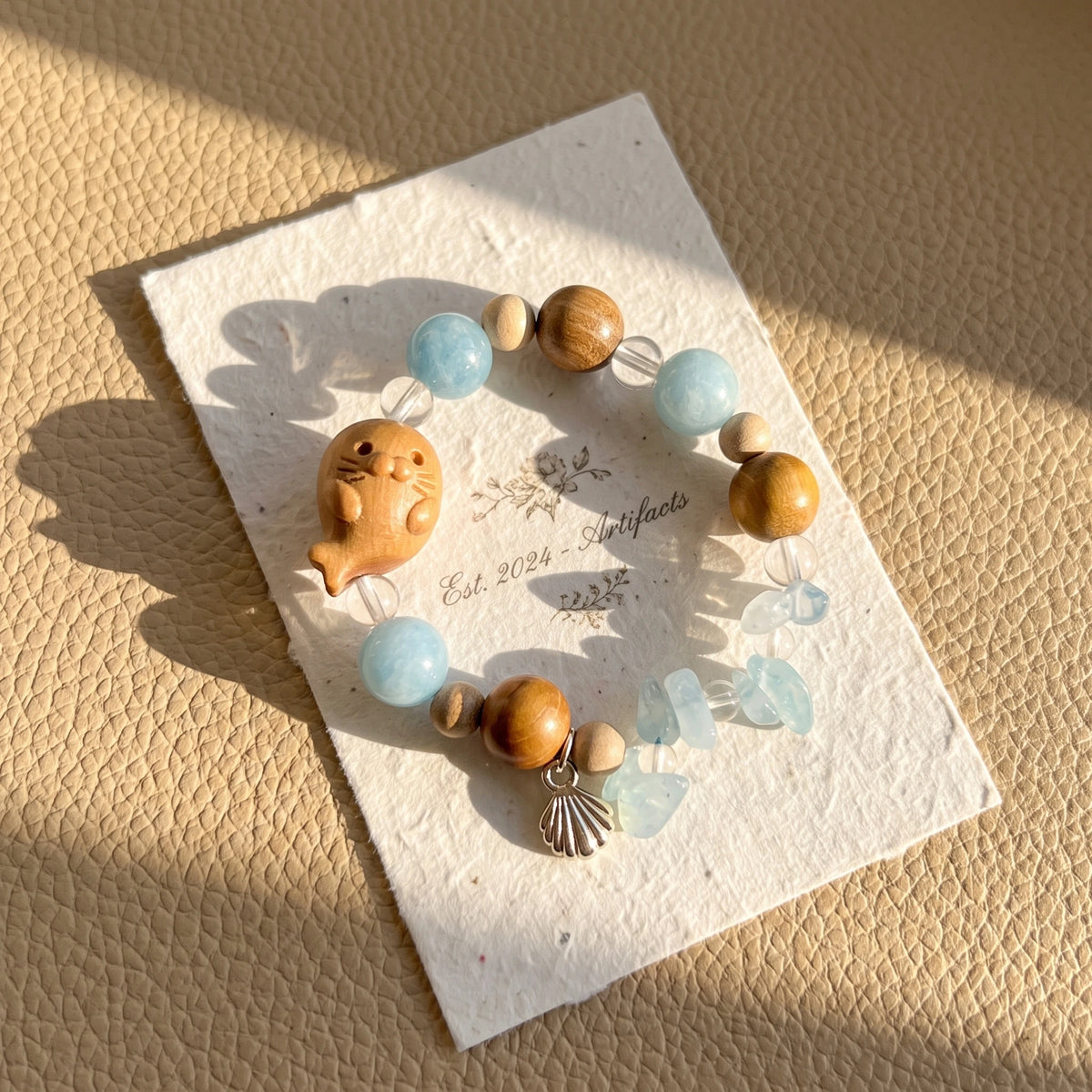 Carved Sandalwood Seal Beaded Bracelet | Ocean Gemstone Beach Jewelry