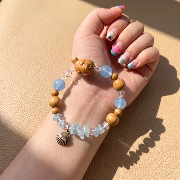 Carved Sandalwood Seal Beaded Bracelet | Ocean Gemstone Beach Jewelry