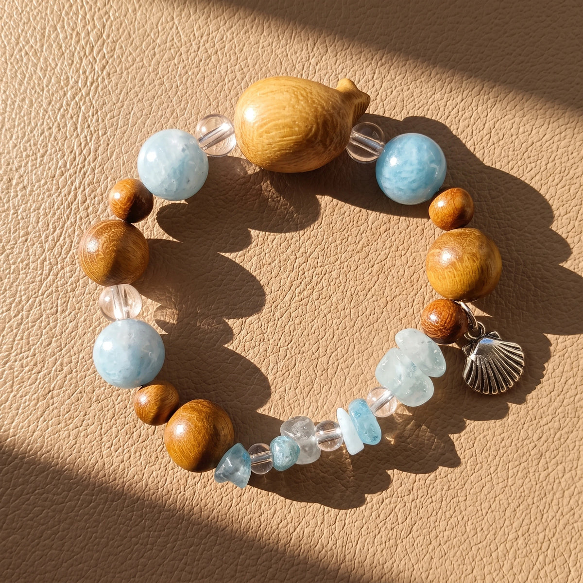 Carved Sandalwood Seal Beaded Bracelet | Ocean Gemstone Beach Jewelry