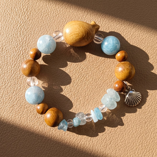 Carved Sandalwood Seal Beaded Bracelet | Ocean Gemstone Beach Jewelry