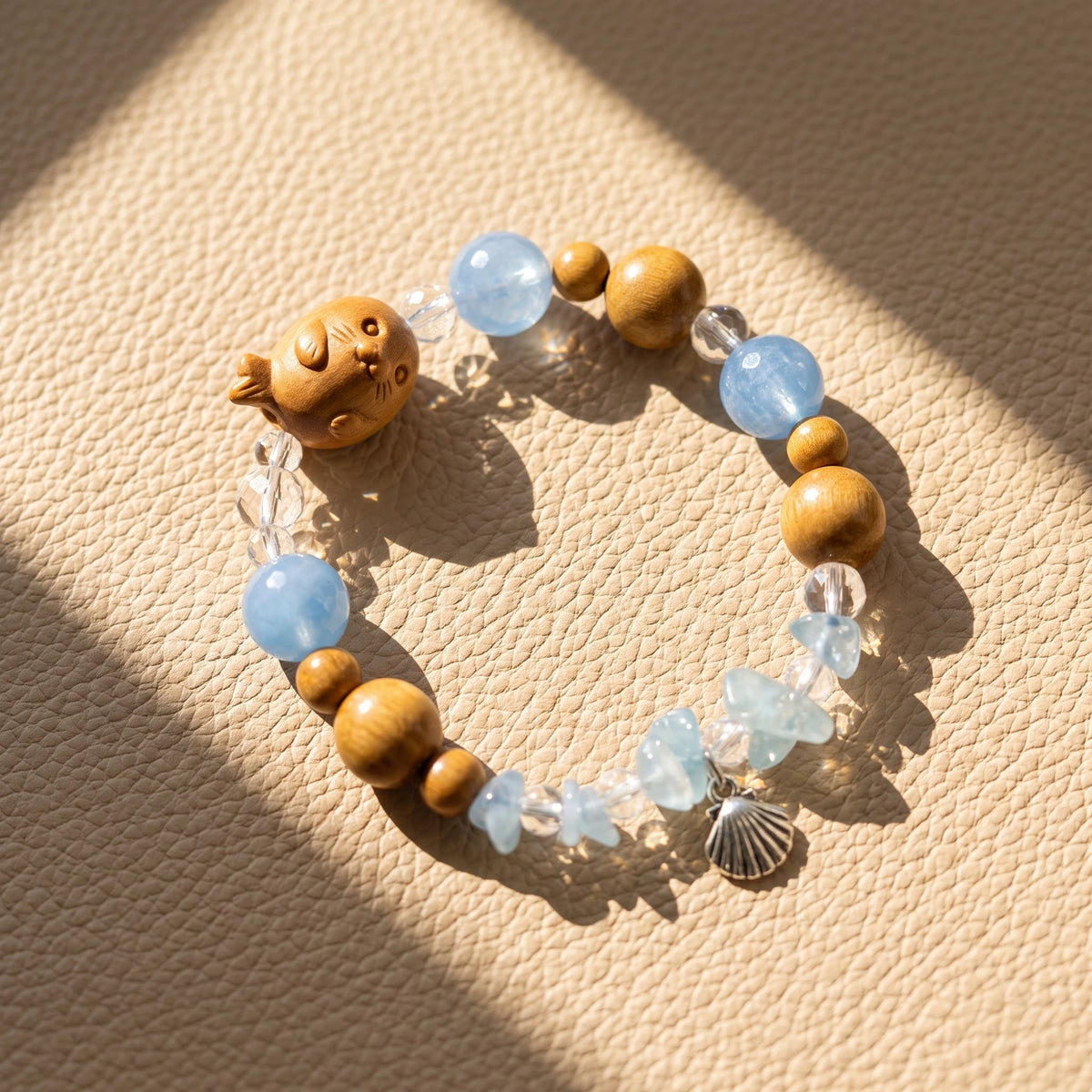 Carved Sandalwood Seal Beaded Bracelet | Ocean Gemstone Beach Jewelry