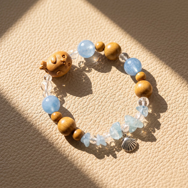 Carved Sandalwood Seal Beaded Bracelet | Ocean Gemstone Beach Jewelry
