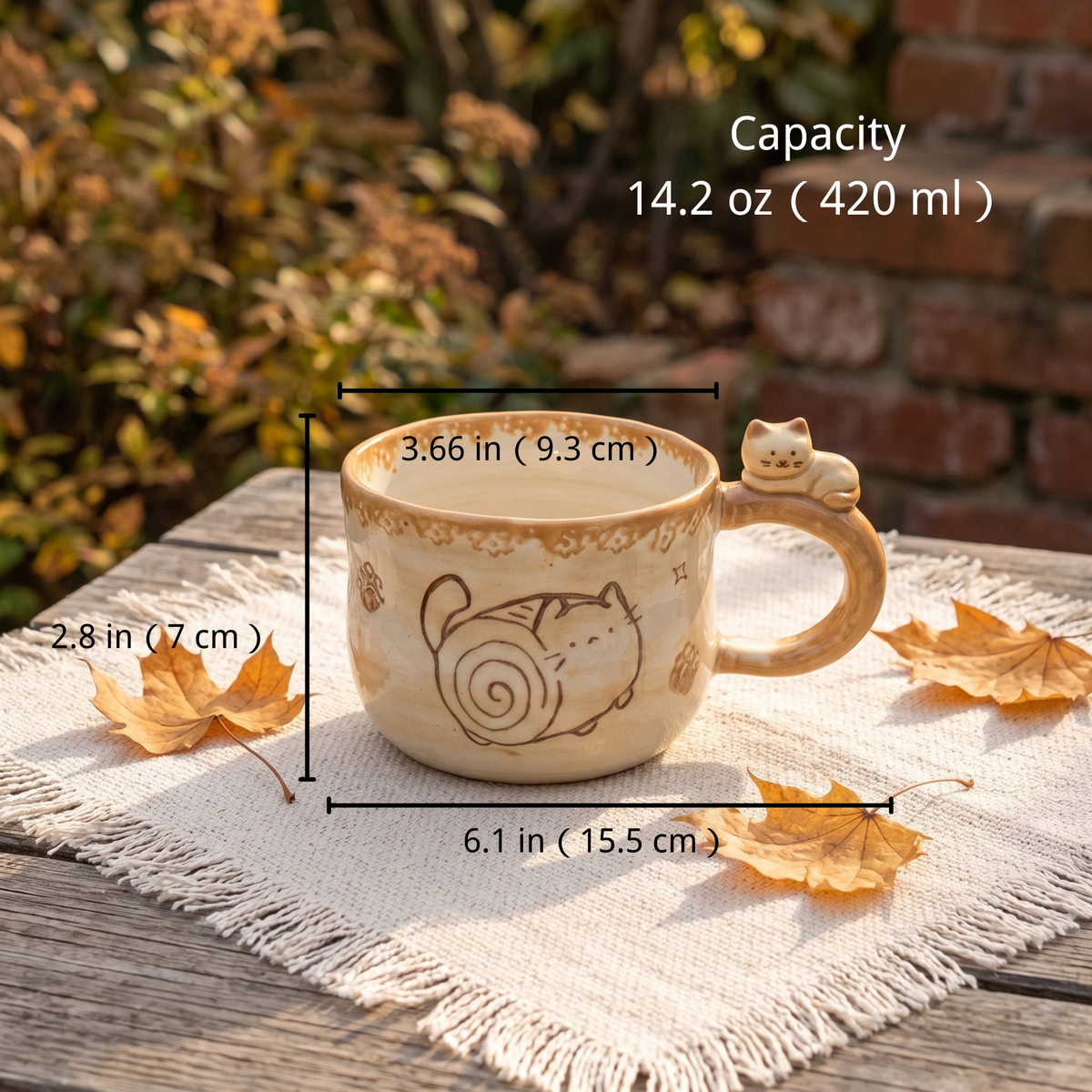Chubby Cat Ceramic Mug with 3D Figurine Handle & Wood Spoon | 14oz