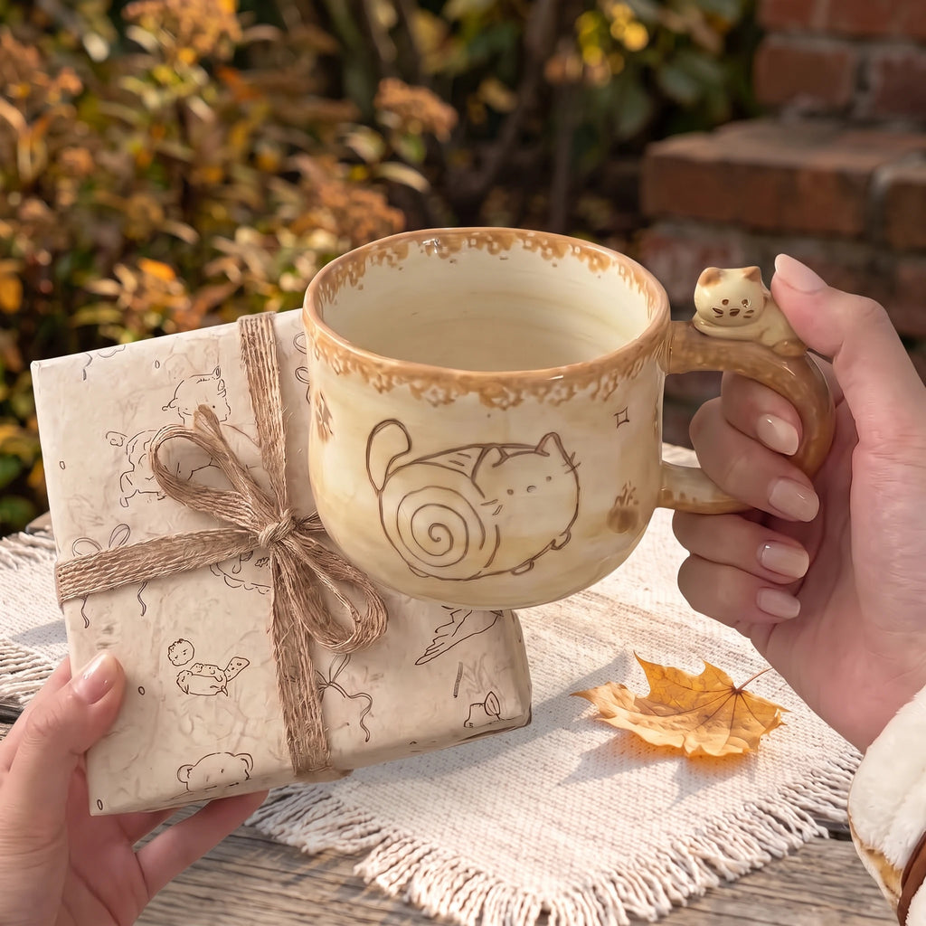 Chubby Cat Ceramic Mug with 3D Figurine Handle & Wood Spoon | 14oz