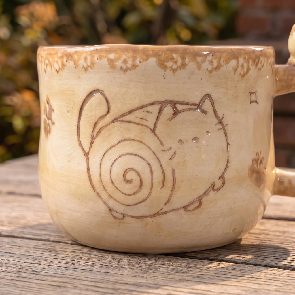 Chubby Cat Ceramic Mug with 3D Figurine Handle & Wood Spoon | 14oz