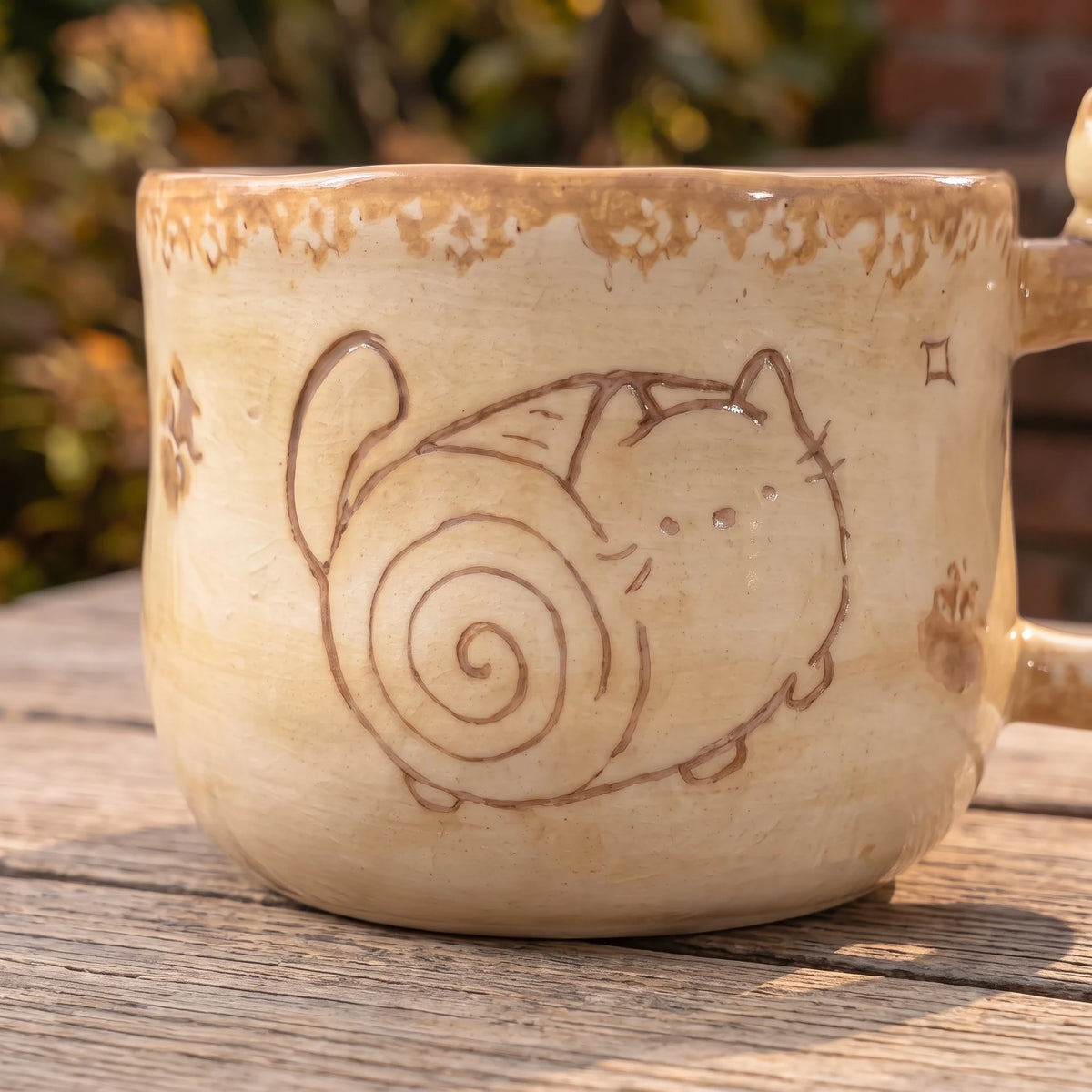 Chubby Cat Ceramic Mug with 3D Figurine Handle & Wood Spoon | 14oz