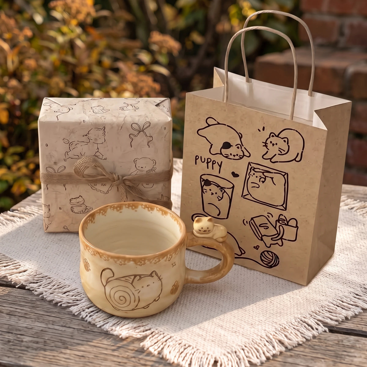 Chubby Cat Ceramic Mug with 3D Figurine Handle & Wood Spoon | 14oz