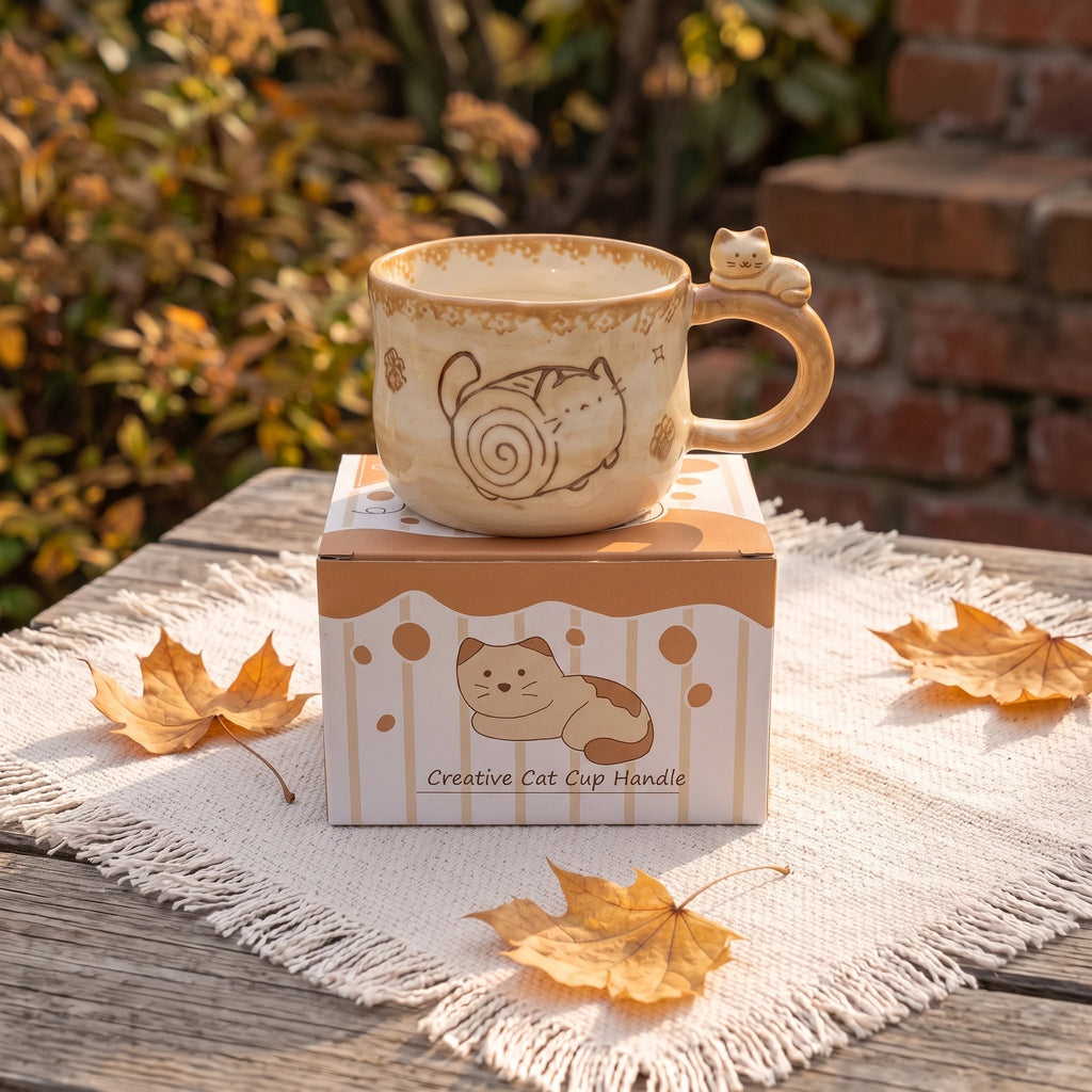 Chubby Cat Ceramic Mug with 3D Figurine Handle & Wood Spoon | 14oz