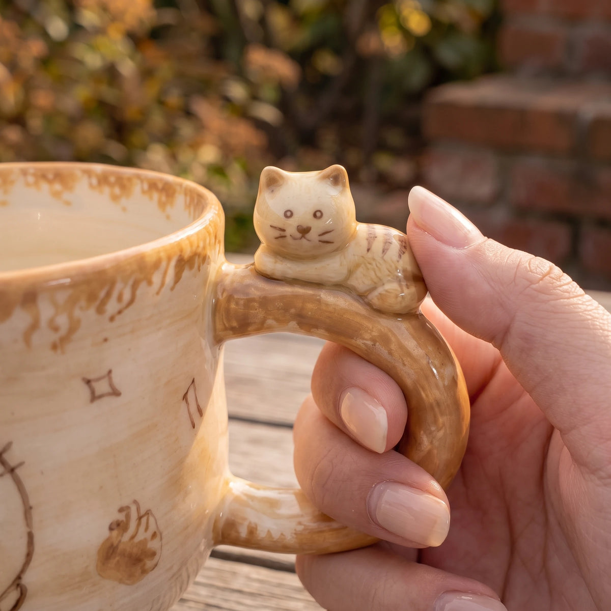 Chubby Cat Ceramic Mug with 3D Figurine Handle & Wood Spoon | 14oz