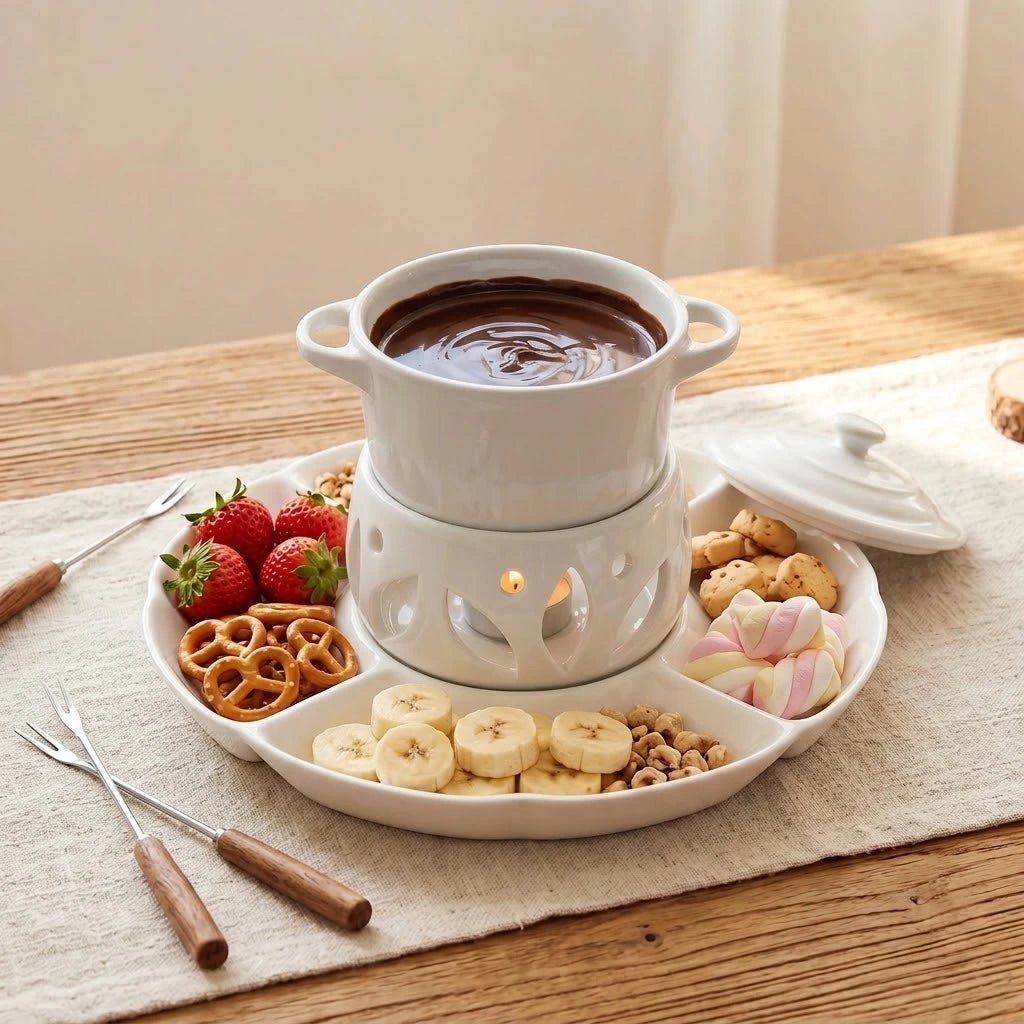 Ceramic Chocolate Fondue Pot Set with 10" Divided Platter | Tealight Heated (7.4oz)
