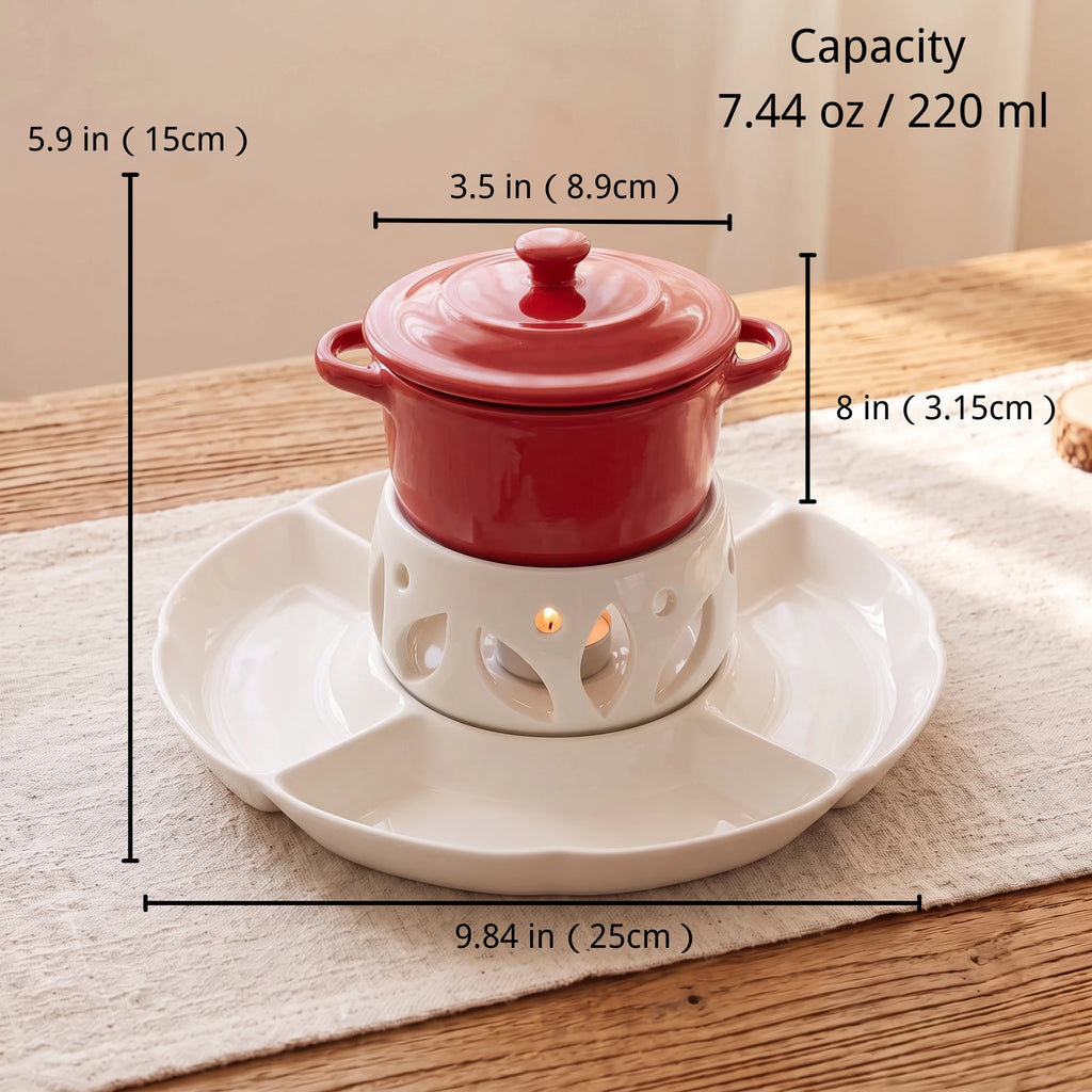 Ceramic Chocolate Fondue Pot Set with 10" Divided Platter | Tealight Heated (7.4oz)
