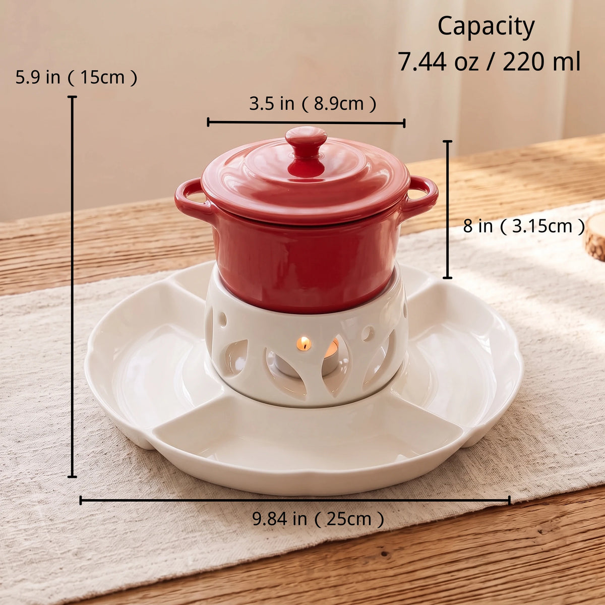 Ceramic Chocolate Fondue Pot Set with 10" Divided Platter | Tealight Heated (7.4oz)