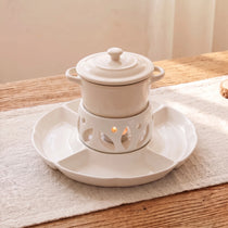 Ceramic Chocolate Fondue Pot Set with 10" Divided Platter | Tealight Heated (7.4oz)