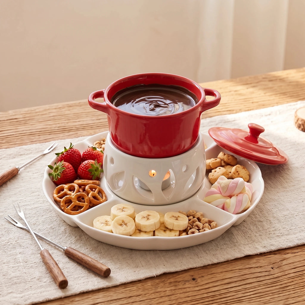 Ceramic Chocolate Fondue Pot Set with 10" Divided Platter | Tealight Heated (7.4oz)