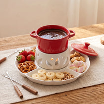 Ceramic Chocolate Fondue Pot Set with 10" Divided Platter | Tealight Heated (7.4oz)