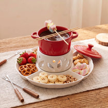 Ceramic Chocolate Fondue Pot Set with 10" Divided Platter | Tealight Heated (7.4oz)