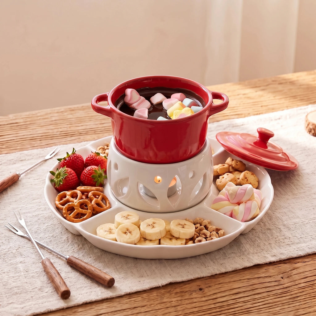 Ceramic Chocolate Fondue Pot Set with 10" Divided Platter | Tealight Heated (7.4oz)