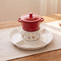 Ceramic Chocolate Fondue Pot Set with 10" Divided Platter | Tealight Heated (7.4oz)