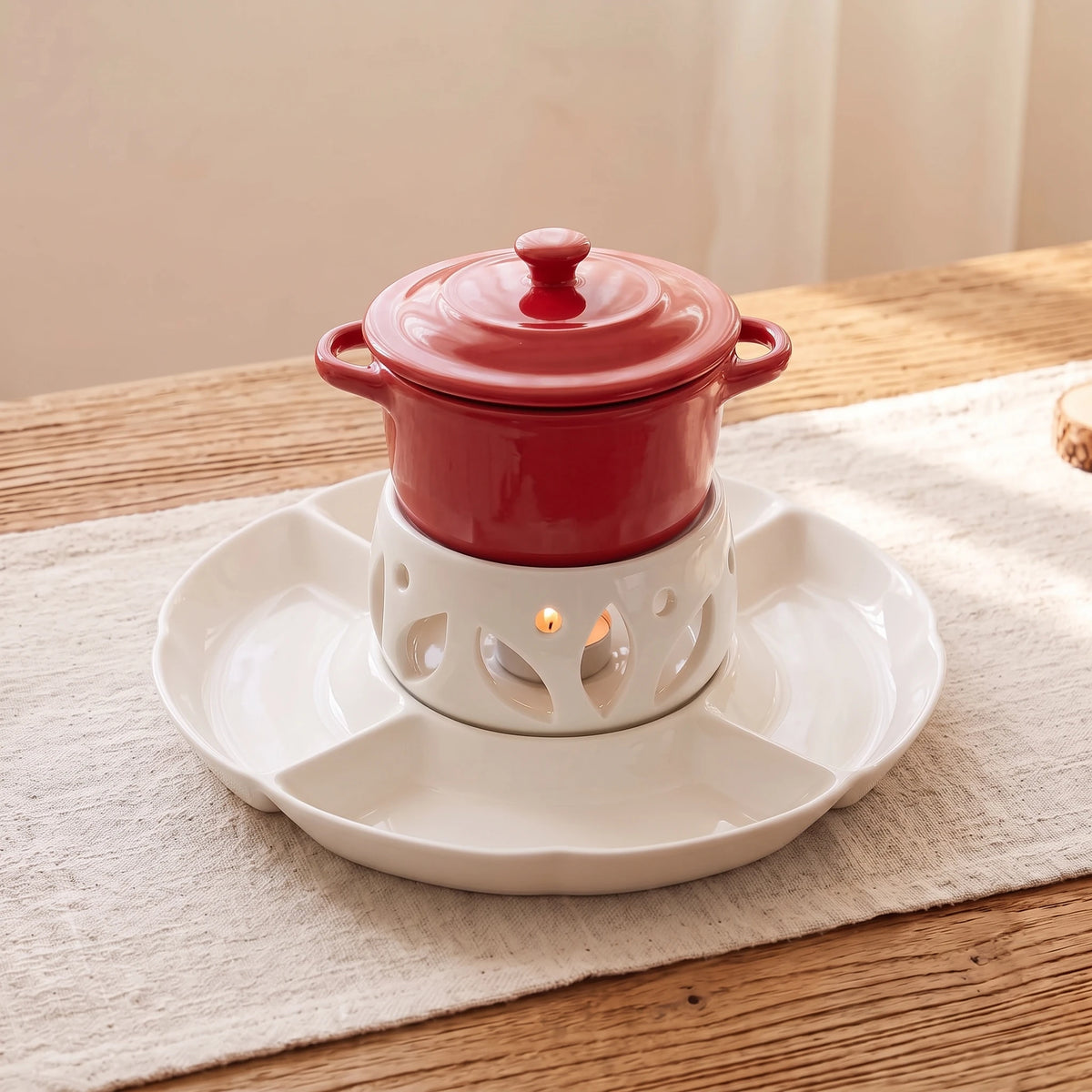 Ceramic Chocolate Fondue Pot Set with 10" Divided Platter | Tealight Heated (7.4oz)