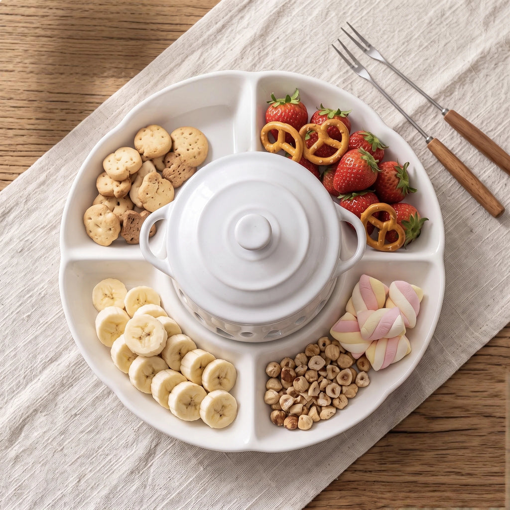 Ceramic Chocolate Fondue Pot Set with 10" Divided Platter | Tealight Heated (7.4oz)