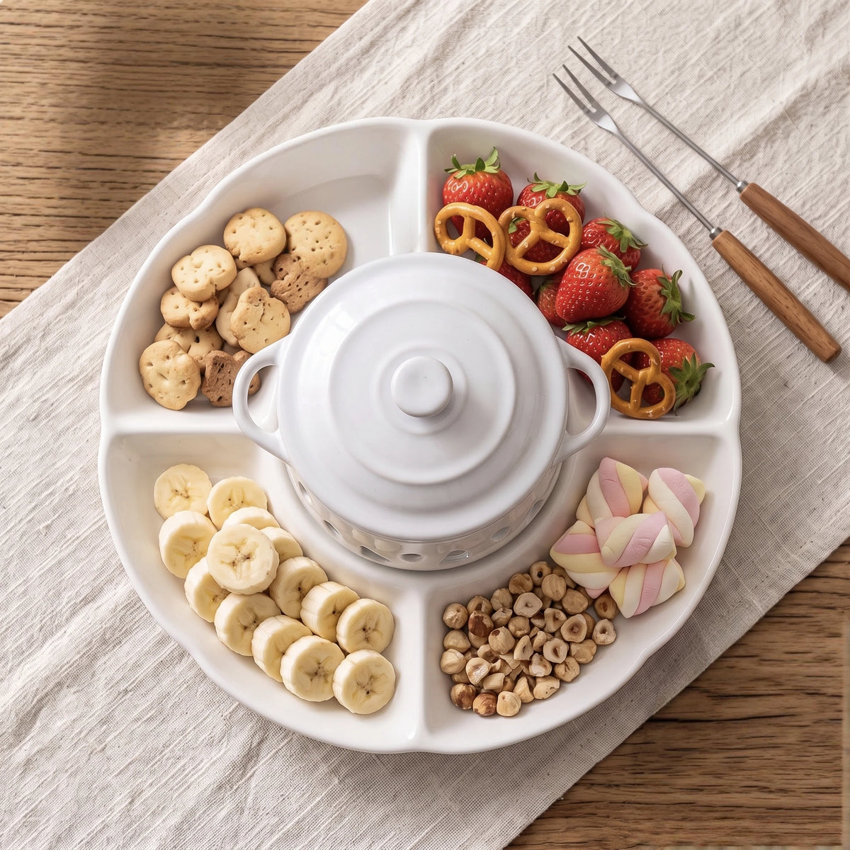 Ceramic Chocolate Fondue Pot Set with 10" Divided Platter | Tealight Heated (7.4oz)