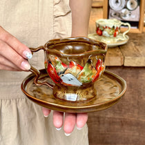 Handcrafted Wild Pear Ceramic Cup & Saucer Set with Twig Handle | 8oz