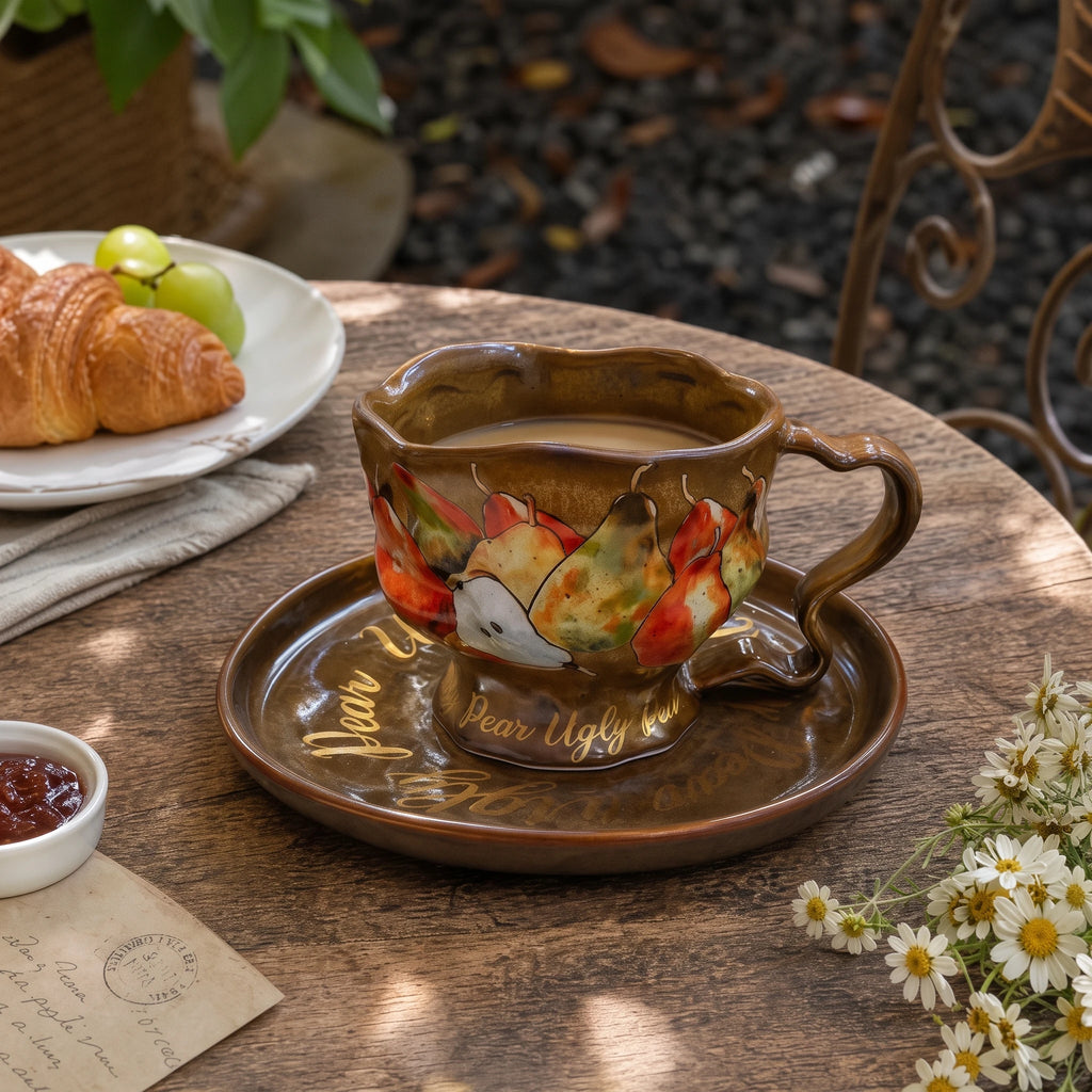Handcrafted Wild Pear Ceramic Cup & Saucer Set with Twig Handle | 8oz